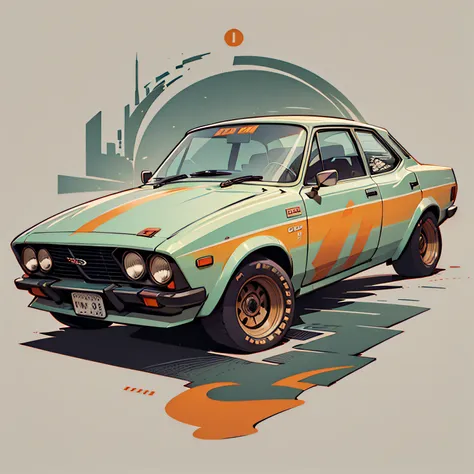 auto datsun 180-j 1975 color naranja, con tabla de surf en la parte superior, highly detailed illustration.", vehicle illustrati...