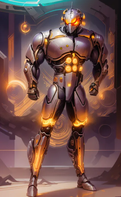 arafed robot with a glowing head and a glowing arm, robot metallic armor, Sci - Armadura de Fi:! musculoso, futuristic robot body, Metallic armor, Deus grego no estilo mecha, Retrato completo de Electromancer, cyber fight armor, colorful muscular robot, cy...