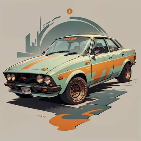 auto datsun 180-j 1975 color naranja, con tabla de surf en la parte superior, highly detailed illustration.", vehicle illustrati...