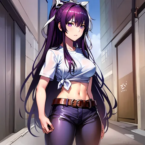 巨作, 最好质量, Hi-Res, kaori1, 1girl in, 独奏, sheathed, Asymmetrical clothing, navels, purple colored eyes, extra very long hair, Tied shirt, Midriff, Hair ribbon, Single pants legs, Camisa blanca, poneyTail, black har,, JINS, White ribbon, brown belt, purple co...