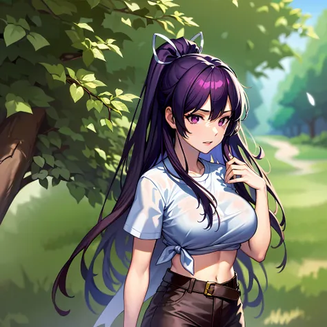 巨作、最好质量、Hi-Res、女の子1人、独奏、Scabbarded、Asymmetrical clothing、navels、Purple eye、extra very long hair、Tied shirt、abdominals、Hair ribbon、Single Pants Leg、White shirt、poneyTail、black har、big tit、JINS、White ribbon, Tea belt, Purple hair, Asymmetrical legwear, plein...