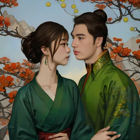 Beautiful and moving young woman in period costume side face，The womans eyes are looking at each other tenderly