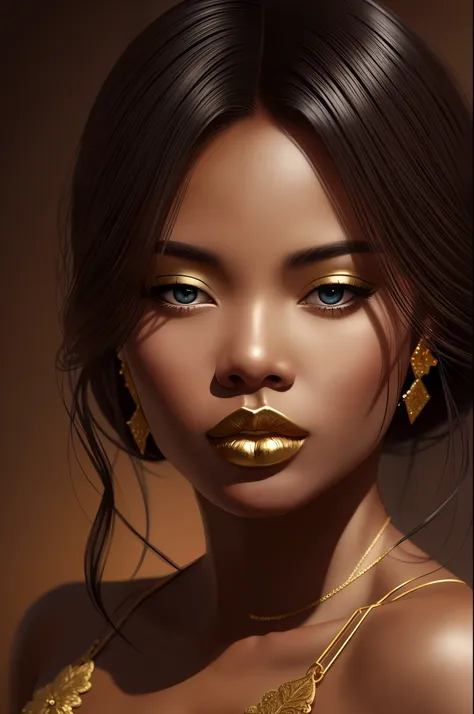 blasian beauty with lots of details, lust, white face, ferocious ecstasy, black lace, realistic, elaborated, dark skin, golden c...