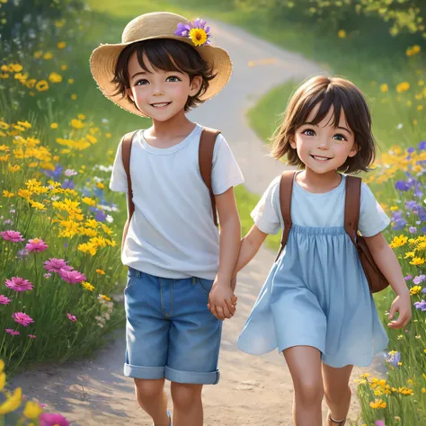 two cute children a charming little boy and girl, sitting holding hands on a bench in the park surrounded by beautiful yellow fl...