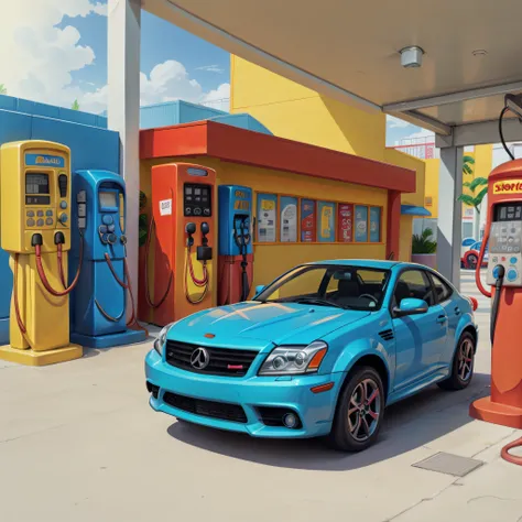 coloring page for kids, sport car next to a simple gas pump, cartoon style, thick lines, low details, no shadows