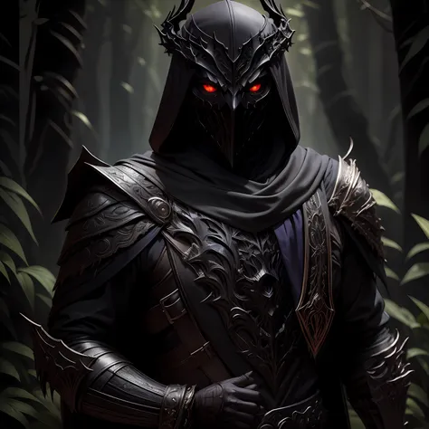 dark soul, a bodyless armor, black shawl, black hood, no face, male, armor carving, demonic armor, black face, scarlet eyes, bar...