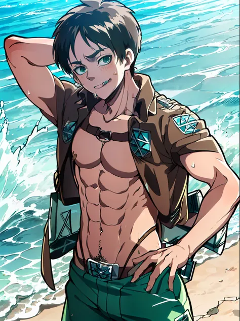 ((highest quality, masterpiece, 4k, finely detailed, detailed eyes, detailed face, intricate details, pixiv, gelbooru)), ((solo)), (((1boy, male, handsome, (((Eren_Yaeger_(Shingeki_No_Kyojin))), in the Style of the anime Free!))), (((short, messy, dark bro...