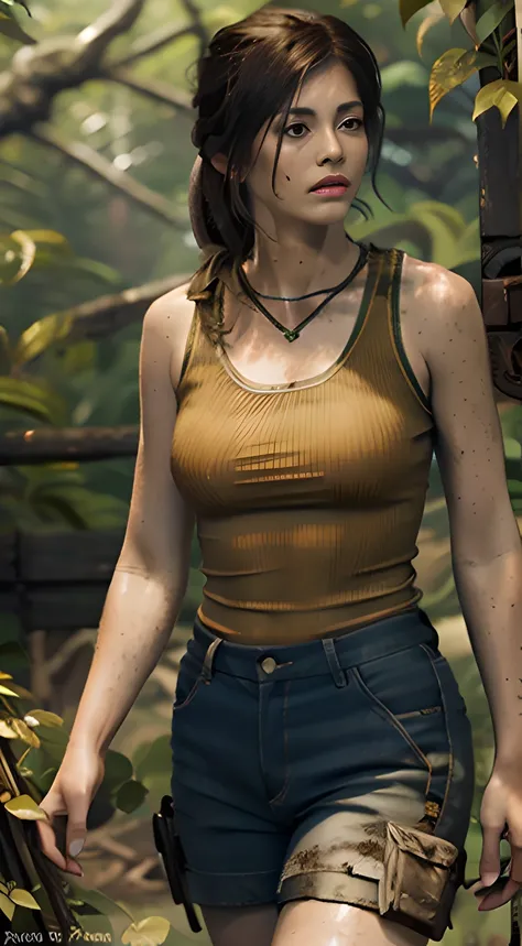 Lara Croft, tank top, hot pants, lush jungle, peaking through leaves, shadows, sunlight, sun rays, dirt, mud, award-winning, abs(8k, RAW photo, best quality, masterpiece:1.2),ultra-detailed, (high detailed skin:1.2), 8k uhd, dslr, soft lighting,