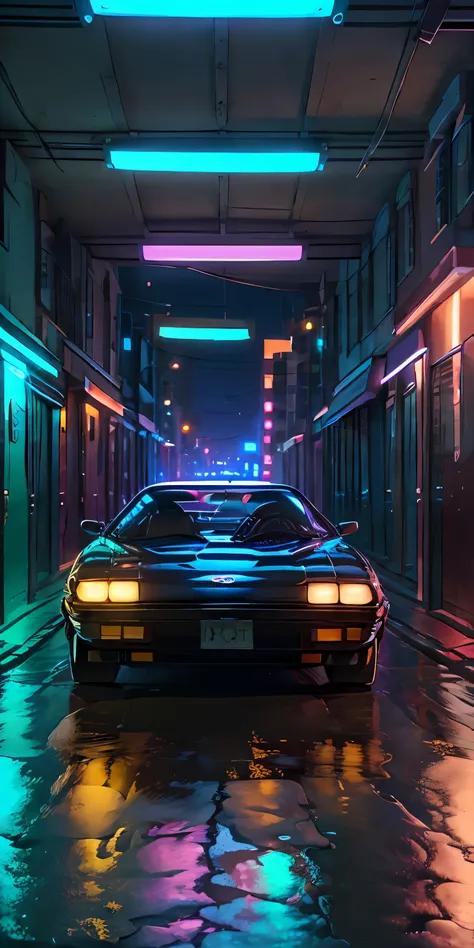 retroonda. cidade, 1985 nissan s30, kit de corpo largo, estrada, purple neon lights, sol, montanha, 
(obra-prima, detalhada, hig...