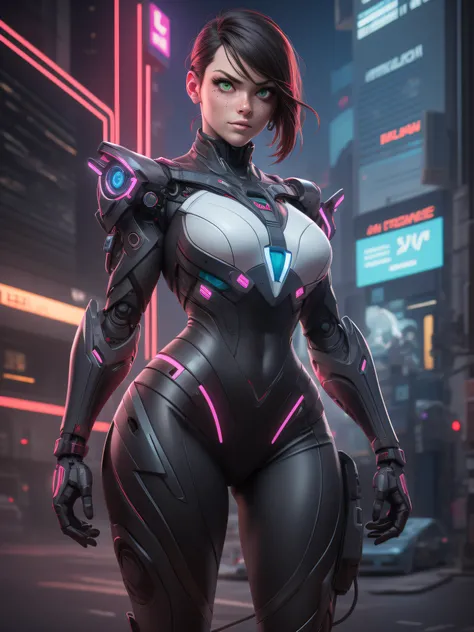 (masterpiece:1.1), (highest quality:1.1), (HDR:1.0), MJ3D 3DMM, 1 girl, adult woman, freckles, green eyes, ginger blowout hair, portrait, solo, (full body:0.6), looking at viewer, detailed background, detailed face, (Neonpunkai, neon theme:1.1), android, c...