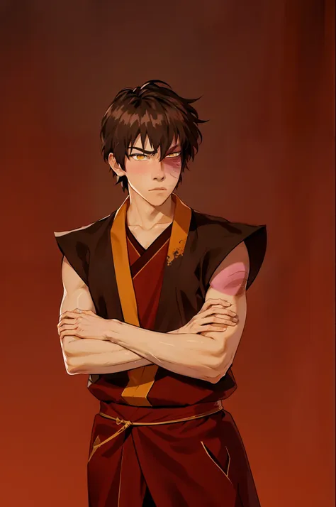 (masterpiece, best quality:1.2), cowboy shot, 独奏, male focus, 1boy, zuko, scar, expressionless, looking to viewer, crossed arms,...