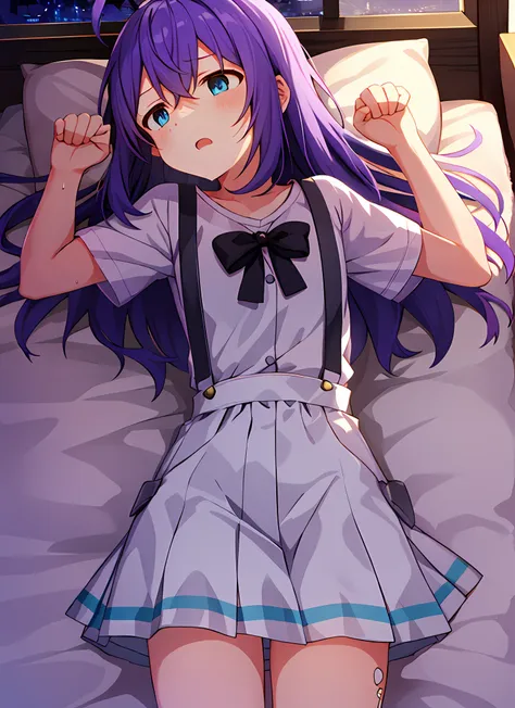 mochizuki anna,1girl in,solo,long hair,purple hair,small_ahoge,blue eyes.short stature.white t-shirts.suspenders.skirt.night vie...