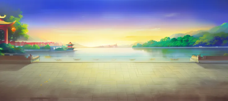 painting of a beautiful landscape with a lake and a pagoda, palace background, lake background, anime background art, beautiful ...