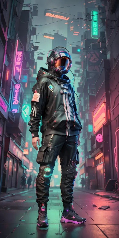 (masterpiece, full body shot, intricate raw photography) cyberpunk citizen, comfortable oversize black hoodie, black cargo pants...