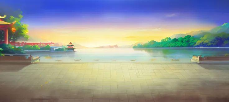 painting of a beautiful landscape with a lake and a pagoda, palace background, lake background, anime background art, beautiful ...