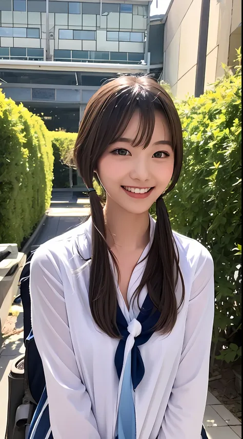 Highly detailed 8k wallpaper), sharp focus, detailed, dramatic, delicate and beautiful schoolgirl, sheer white shirt, tie, dark blue pleated micro mini, light brown hair, smooth pigtails, sexy, smile, peeking at the viewer, beautiful graphics, bright schoo...