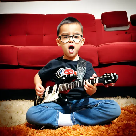 guttonerdvision4, a 3-year-old boy wearing glasses, roupa de vocalista de banda de rock, tocando guitarra stratocaster. detalhes intrincados, UHD, realista