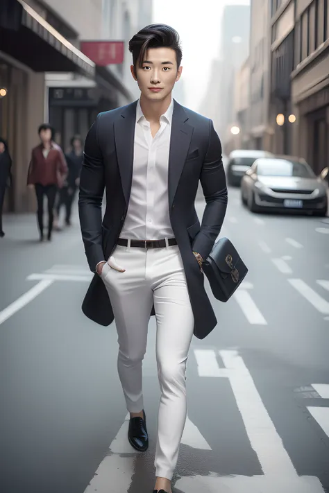 detailed, realistic and handsome chinese male with a confident expression, wearing modern and fashionable clothing in a dynamic ...