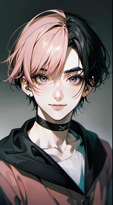 1boy, (grey eye) ((pink hair color| black hair color)) , short hair, pink clothes, piercings, a smile, ((独奏)), evil eyebrows, (g...