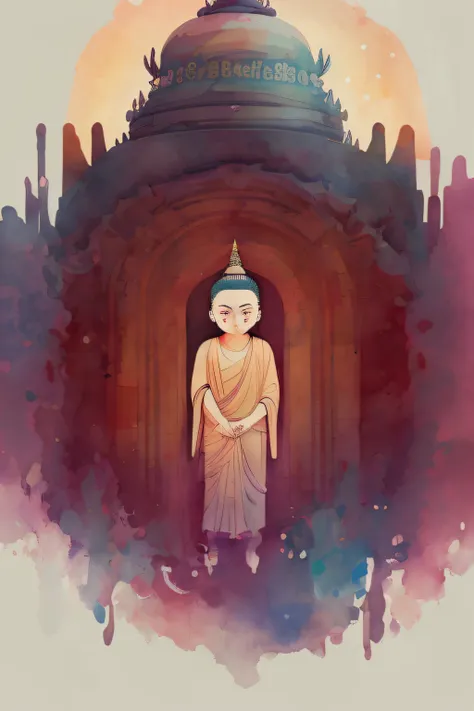 there is a painting of a buddha statue in a building, em um templo, budismo, o buda, por aya goda, directed by: ryan yee, a beau...