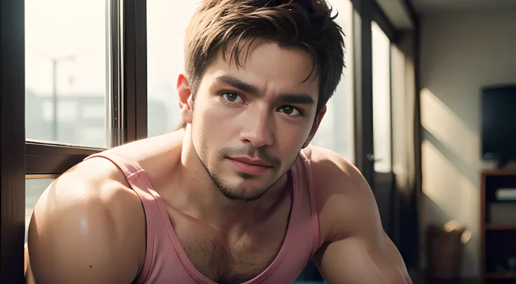 (Cowboy Shot), (one male gay handsome muscular man in their 30s wearing mens pink tanktop), (he resembles Chris Redfield from Resident Evil), A ruggedly handsome, well-built protagonist with a towering stature, striking very short blond hair, chiseled feat...