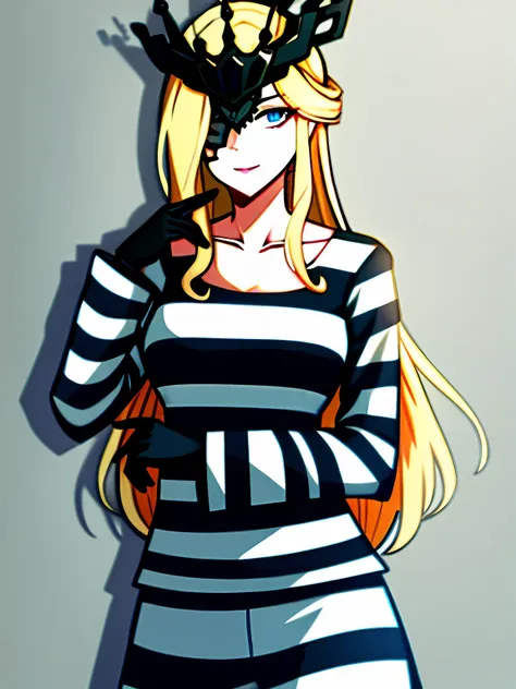 1girl, solo, blonde hair, gloves, blue eyes, long hair, black gloves, mask, one eye covered, elbow gloves, collarbone, black mask, looking at viewer, signora (genshin impact), (mature female:1.16), bad-girl, priclothes, striped clothes, outfit, clothing, p...