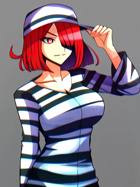 bob cut, hair over one eye, red eyes, long sleeves, priclothes, striped clothes, outfit, clothing, prisoner, red hair, bad-girl, mature female, anime, pants, hat, older female, evil, wanostyle