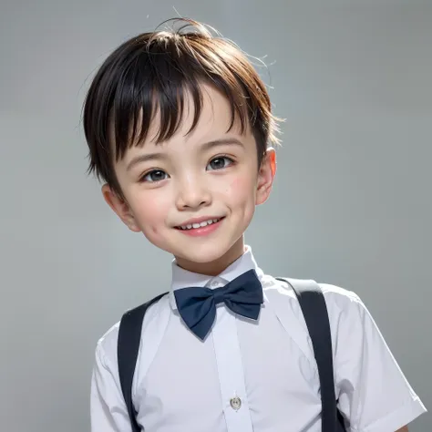 modern style, white background, chinese children's id photo, handsome, smiling boy, black eyes, flat head, bow tie