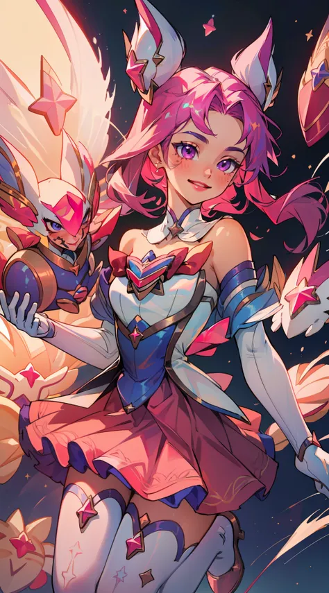 (masterpiece, best quality), intricate details, 8k, artstation, wallpaper, official art, splash art, sharp focus,
1girl, Star_Guardian_KaiSa, white_legwear, white_gloves, pink_skirt,, smile