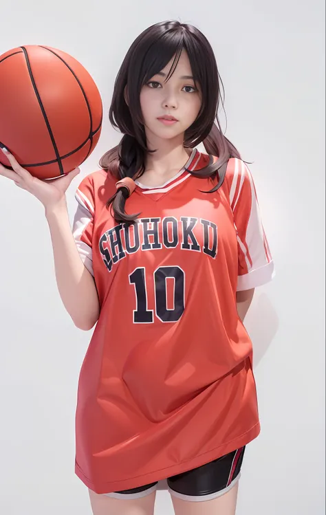 chica de anime con uniforme rojo sosteniendo una pelota de baloncesto, camiseta de baloncesto, ilya kuvshinov. 4 mil, estilo rea...