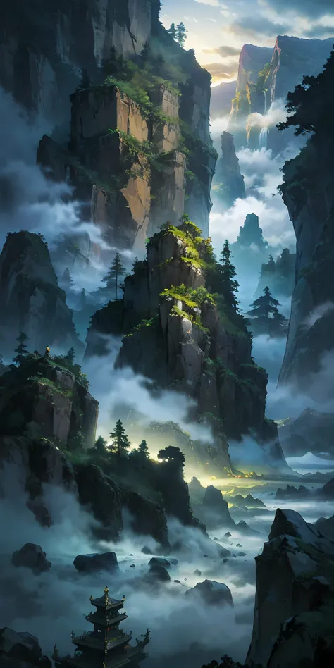 “（（masterpaintings）），high quality，super meticulous，a majestic ancient chinese city deep in the mountains，surrounded by cloud，den...