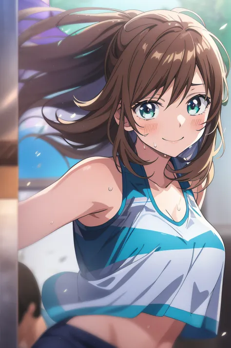 (best quality,anime,anime art style:1.2), young girl, 13years old, sweat,cheer leader,intense angle,speedy movement,looking away...