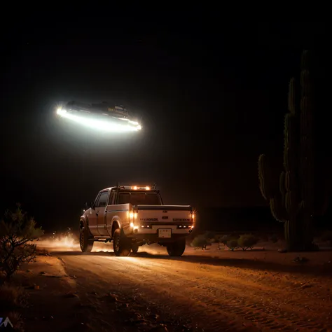 uma pick-up encontra um disco voador no deserto, imagem de alta qualidade, 8k, muito detalhada