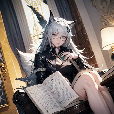 an impressive illustration in ultra detail of the female character "lapland" do arknight, wearing glasses while reading a dream ...