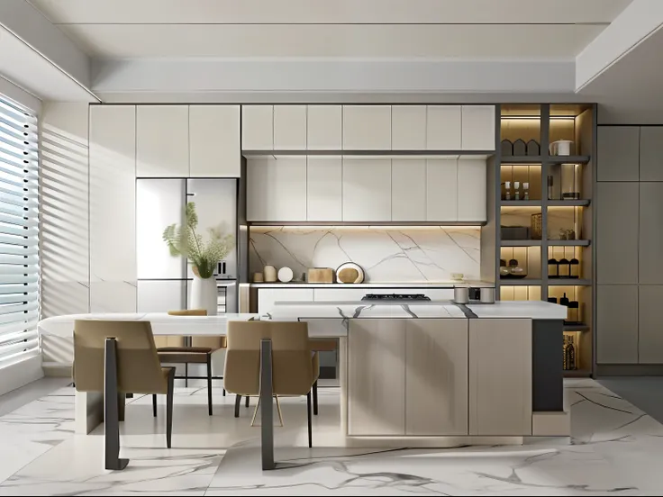 there is a kitchen with a marble island and a marble counter, minimal kitchen, luxury bespoke kitchen design, minimal modern, highly photographic render, high quality rendering, excellent 3d render, Modern minimalist, photographic render, modernsimplicity,...