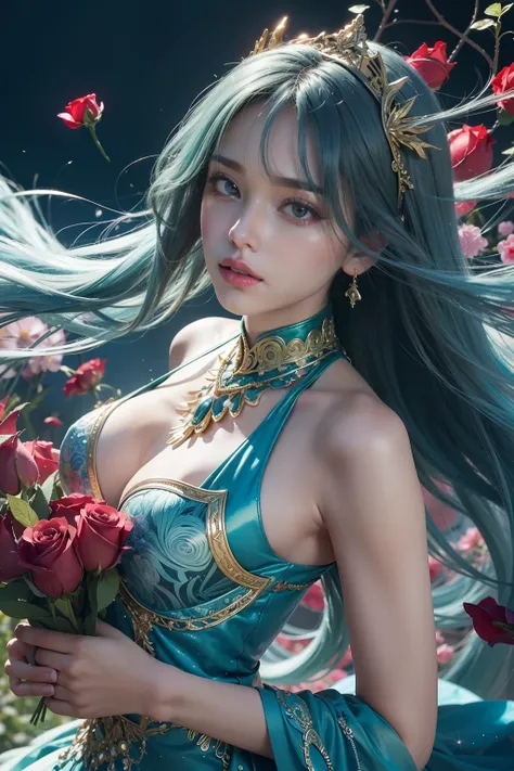 1girl,light blue hair,long hair,red eyes,expressionless,dullyarts,flower field,gorgeous costume,kingly,holding roses,concept art,colorful palette,fallen-leaves,fine art parody,(photorealistic),(low shot:1),(abstract background, zentangle, fractal art:1.3),...