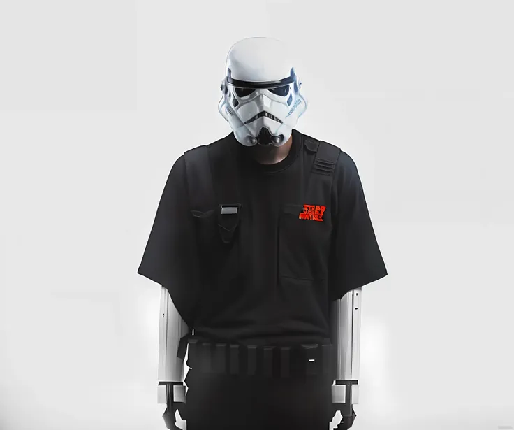 (realistic rendering), best quality, life-size, (star wars) (stormtrooper), (plain t-shirt), gritty, streetwear, (high-detailed ...