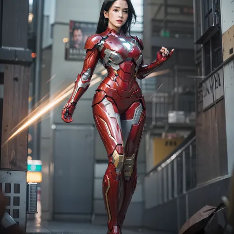 a woman in a suit is standing in front of a building, emma watson as iron man, from a marvel movie, from avengers, extremely detailed artgerm, like ironman, from marvel studios, by Marek Okon, movie poster character, from the avengers (2012), inspired by M...