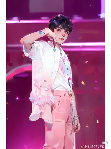 sunny boy，male people，show off on stage，handsome hairstyle，white clothes and pink pants，stand on a pink dream stage