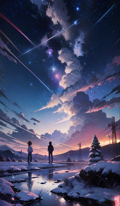 anime scenery of two people standing on a rock looking at the sky, cosmic skies. by makoto shinkai, makoto shinkai cyril rolando...