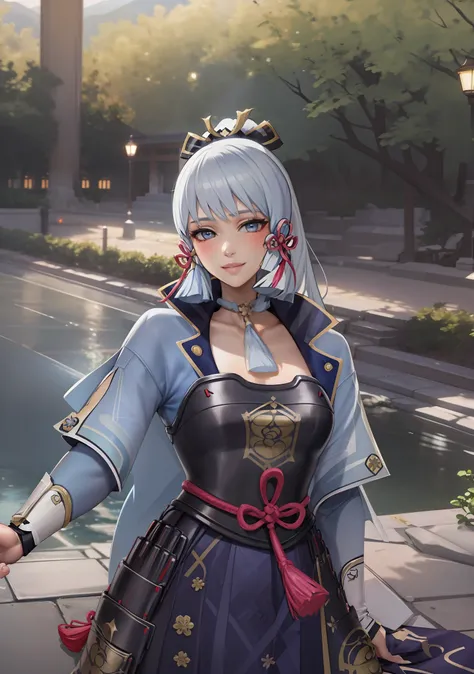 (masterpiece), (best quality), (ultra detailed),(disheveled hair),(illustration), (1girl), standing, smiling, beautiful detailed eyes, light blue eyes, detailed beautiful face, (kamisato ayaka: 1.2), Genshin Impact,focus on face,  ponytail, kamisato ayaka(...