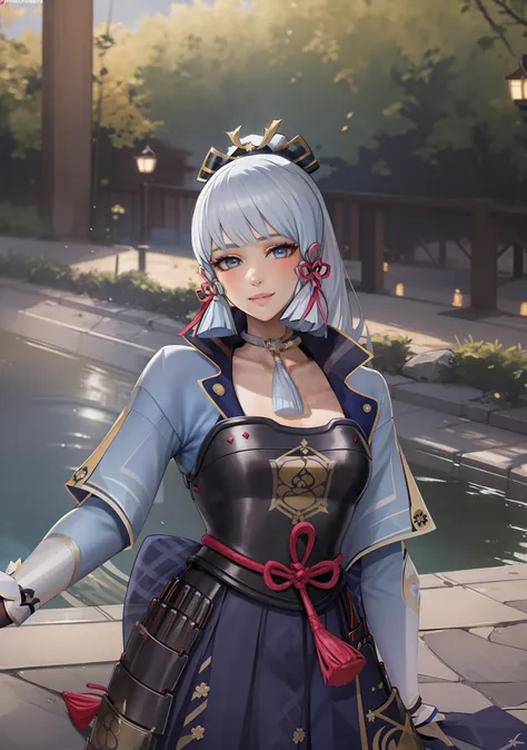 (masterpiece), (best quality), (ultra detailed),(disheveled hair),(illustration), (1girl), standing, smiling, beautiful detailed eyes, light blue eyes, detailed beautiful face, (kamisato ayaka: 1.2), Genshin Impact,focus on face,  ponytail, kamisato ayaka(...
