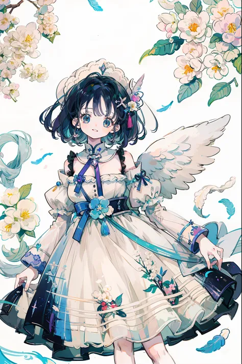 anime pictures。beautiful shades of iridescent prism。a girl about 18 years old with a large angel feather on her back is smiling ...