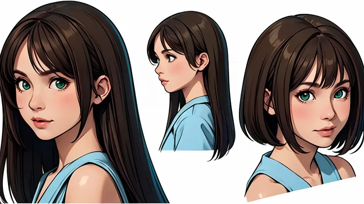 (masterpiece), best quality, (character design sheet, same character, front, side, back), illustration, (beautiful detailed hair detailed face), 1 girl, solo, perfect feminine face, very stunning woman, chesnut brown hair, left sided bangs, shoulder length...