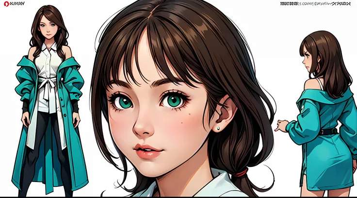 (masterpiece), best quality, (character design sheet, same character, full body, side, back), illustration, (beautiful detailed hair detailed face), 1 girl, solo, perfect feminine face, very stunning woman, pose zitai, chesnut brown hair, left sided bangs,...