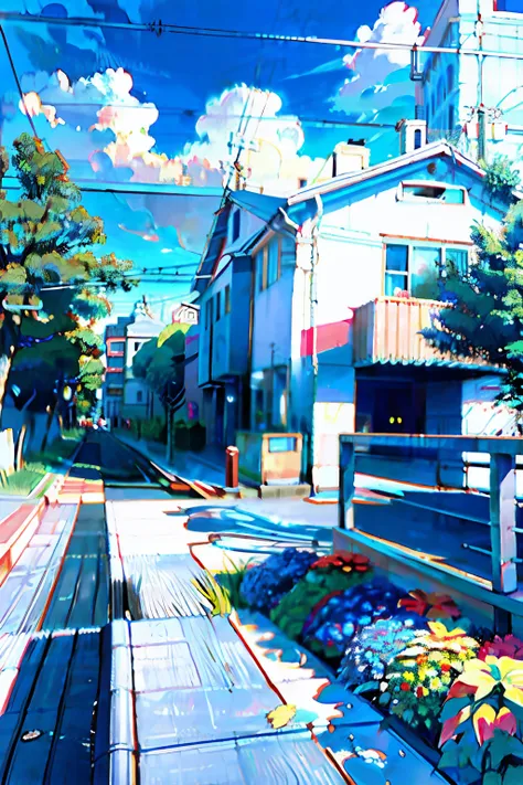 very cozy little place, hyperrealism, (anime makoto shinkai:0.4), old shabby house on city street, house wiring, outdoors, sky, ...