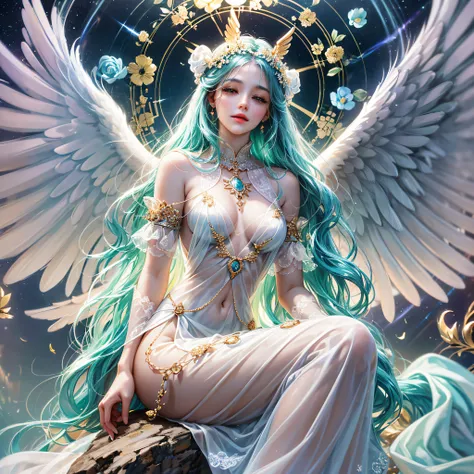 The angel maiden flutters in the wind in the light, The halo is shining, Black six wings spread,Short hair is scattered, Black suit carved,Eyes blue and red,Plump body,Sexy clothes flick,Faith items flash,Gold and silver are gorgeous,A golden glow on the ...