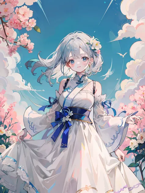 anime pictures。beautiful shades of iridescent prism。a girl about 18 years old is smiling happily。glossy silver bob hair。she is a...