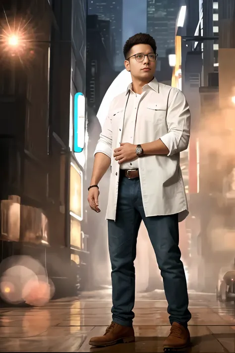 1man, big bump, Stubble,
a 30 year old muscular male wearing glasses, long-sleeve white shirt and tie, wearing leather shoes,
Full body, Soft lighting,
masterpiece, Best quality, 8K UHD, Digital SLR, filmgrain, Fujifilm XT3 photorealistic painting art