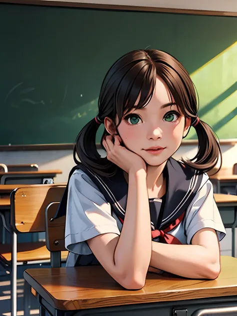 (masterpiece), best quality, (beautiful detailed hair detailed face), 1 young girl, solo, full-body portrait, dutch shot, perfect feminine face, very cute young girl, on classroom, desk, chair, chesnut brown hair, short twintails, green eyes, school unifor...